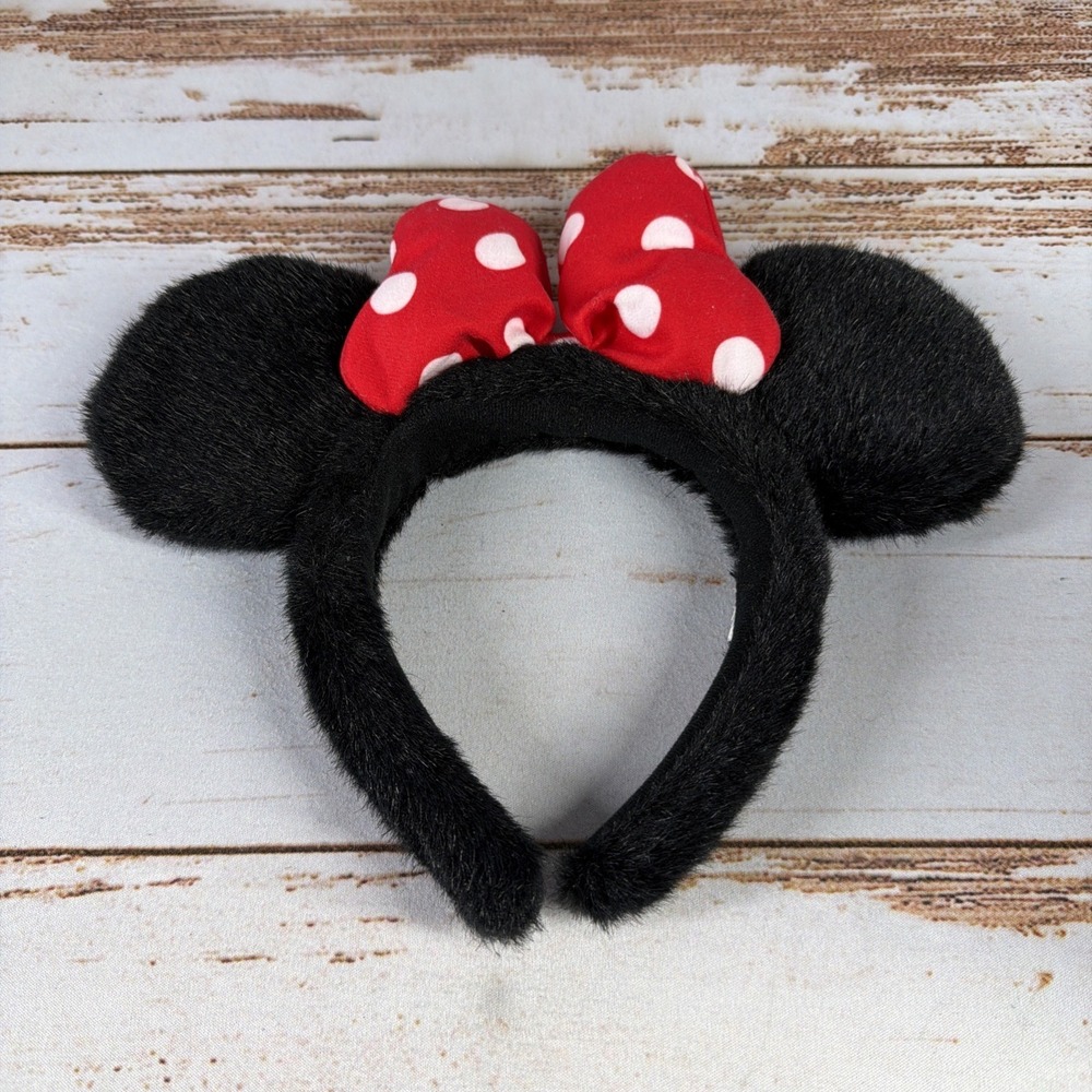 VTG Disney Parks Furry Black Minnie Ears Headband Red White Polka Dot Puffy Bow